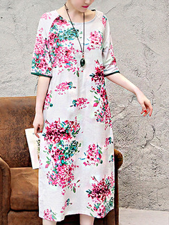 Cream Pink Colorful Shift Midi Plus Size Floral Dress for Casual Beach