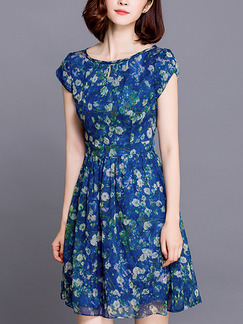 Blue Green Colorful Fit & Flare Above Knee Plus Size Floral Dress for Casual Office Party