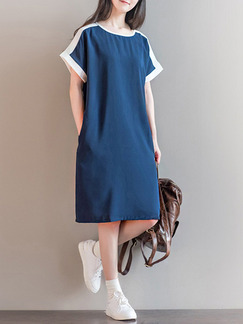 Blue and White Shift Knee Length Plus Size Dress for Casual Office