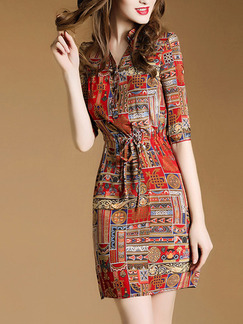 Red Gold Colorful Sheath Above Knee Plus Size V Neck Shirt Dress for Casual Office Party Evening