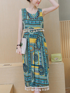 Blue Yellow Colorful Shift Midi Plus Size Dress for Casual Beach