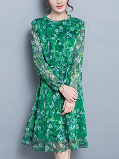 Green Shift Above Knee Plus Size Floral Long Sleeve Dress for Casual Office Party