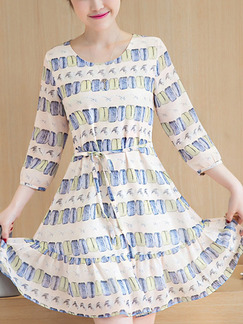 Cream Blue Colorful Shift Above Knee Plus Size Dress for Casual Office Party