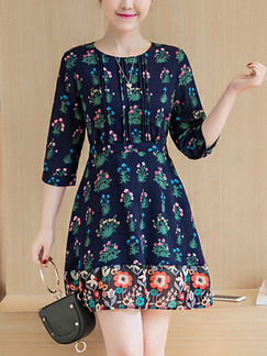 Blue Green Colorful Fit & Flare Above Knee Plus Size Floral Dress for Casual Office Party Evening