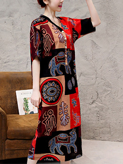 Red Black Colorful Shift Maxi Plus Size V Neck Dress for Casual