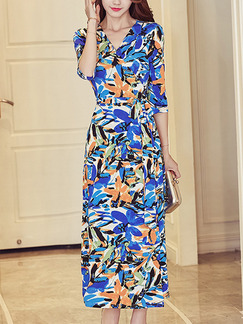 Blue Colorful Shift Maxi Plus Size Floral V Neck Dress for Casual Office Party