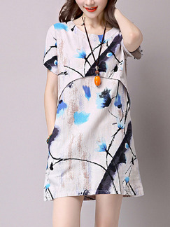 Blue Black and Cream Shift Above Knee Plus Size Floral Dress for Casual Party