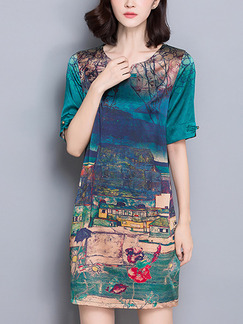 Green Blue Colorful Shift Above Knee Plus Size Dress for Casual Office