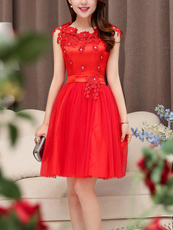 Red Fit & Flare Lace Above Knee Plus Size Dress for Bridesmaid Cocktail Prom
