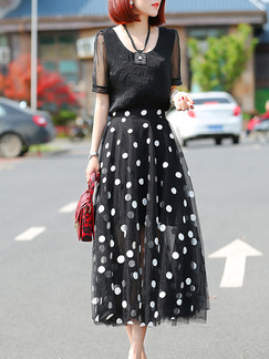 Black and White Polka Dot Fit & Flare Midi Plus Size Dress for Casual Party Evening