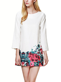 White Colorful Shift Above Knee Plus Size Floral Dress for Casual Party Evening Office