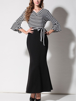 Black and White Stripe Bodycon Maxi V Neck Plus Size Dress for Casual Office Evening