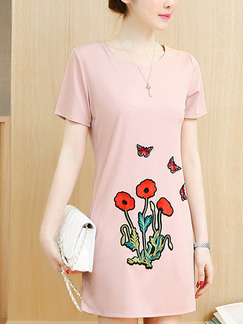 Pink Colorful Cute Shift Above Knee Plus Size Floral Dress for Casual Office Party