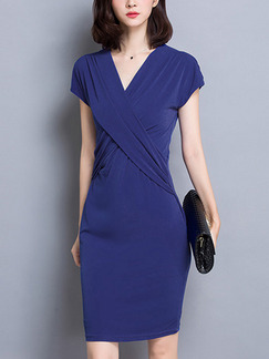 Blue Sheath Above Knee V Neck Plus Size Dress for Casual Office Evening
