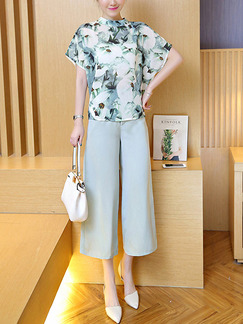 Blue Colorful Two Piece Shirt Pants Floral Plus Size Jumpsuit for Casual Office