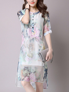 White Colorful Shift Knee Length Plus Size Floral Dress for Casual