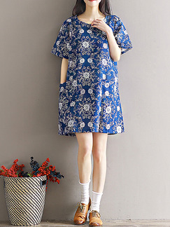 Blue White Shift Above Knee Plus Size Dress for Casual
