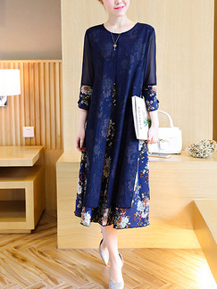 Blue Colorful Shift Midi Plus Size Floral Dress for Casual Office