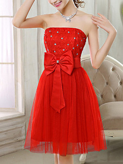 Red Strapless Fit & Flare Above Knee Dress for Bridesmaid Prom Cocktail