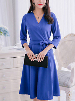 Blue Fit & Flare Knee Length Plus Size V Neck Wrap Dress for Casual Office Evening