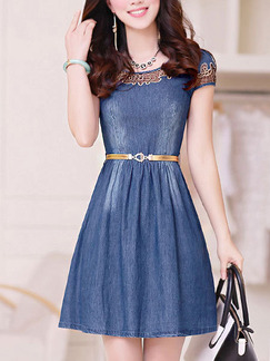 Blue Fit & Flare Above Knee Plus Size Denim Dress for Casual Party Office