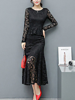 Black Midi Long Sleeve Lace Plus Size Dress for Cocktail Ball Prom