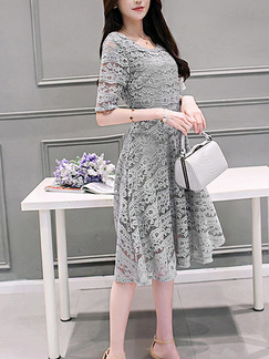 Grey Shift Knee Length Plus Size Lace Dress for Casual Office Party Evening