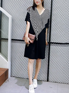 Black and White Shift Knee Length V Neck Dress for Casual Party