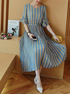 Blue Yellow Stripe Shift Midi V Neck Dress for Casual Office Evening