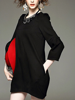 Black Shift Above Knee Plus Size Long Sleeve Dress for Casual Office Evening