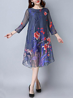 Blue Colorful Shift Knee Length Plus Size Floral Dress for Casual Party