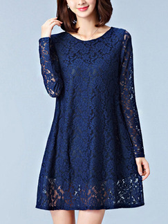 Blue Shift Above Knee Plus Size Lace Long Sleeve Dress for Casual Office Evening Party