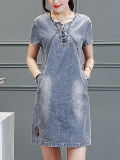 Grey Shift Above Knee Plus Size Denim Dress for Casual Party