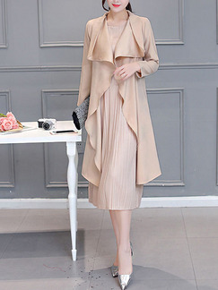 Beige Shift Midi Plus Size Long Sleeve Dress for Casual Office Evening