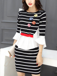 Black and White Stripe Two Piece Sheath Above Knee Dress for Casual Party Office Evening