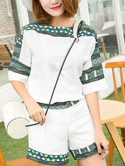 White and Green Two Piece Shirt Shorts Plus Size Jumpsuit for Casual Office Party