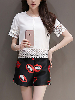 White Black and Red Two Piece Blouse Shorts Plus Size Lace Jumpsuit for Casual Office Evening