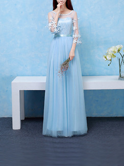 Blue Maxi Lace Floral Dress for Bridesmaid Prom