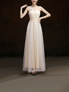 Champagne One Shoulder Maxi Lace Dress for Bridesmaid Prom
