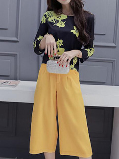 Black and Yellow Two Piece Shirt Pants Plus Size Floral Wide Leg Jumpsuit for Casual Office Evening