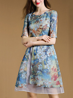 Blue Colorful Fit & Flare Above Knee Plus Size Floral Dress for Casual Party Evening