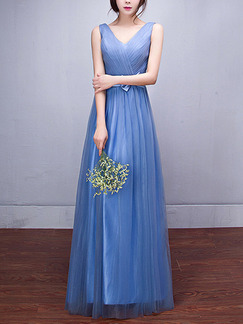 Blue Fit & Flare Maxi Plus Size V Neck Dress for Bridesmaid Prom Semi Formal