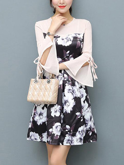 Black White Colorful Fit & Flare Above Knee Plus Size Floral Long Sleeve Dress for Casual Office Party Evening