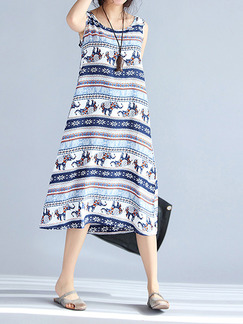 Blue and White Colorful Shift Midi Plus Size Dress for Casual Beach