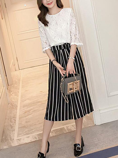 White and Black Stripe Two Piece Shirt Pants Plus Size Wide Leg Jumpsuit for Casual Office Evening