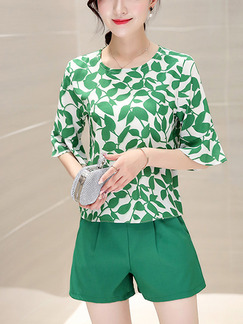 Green and White Two Piece Shirt Shorts Plus Size Jumpsuit for Casual Evening Office