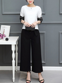 Black and White Two Piece Shirt Pants Plus Size Wide Leg Jumpsuit for Casual Office Evening