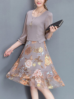 Grey Colorful Fit & Flare Knee Length Plus Size Floral Dress for Casual Office Party Evening