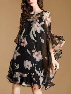 Black Shift Knee Length Plus Size Floral Dress for Casual Party Evening