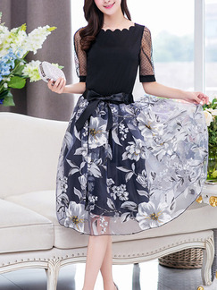 Black Fit & Flare Knee Length Plus Size Floral Dress for Casual Party Evening